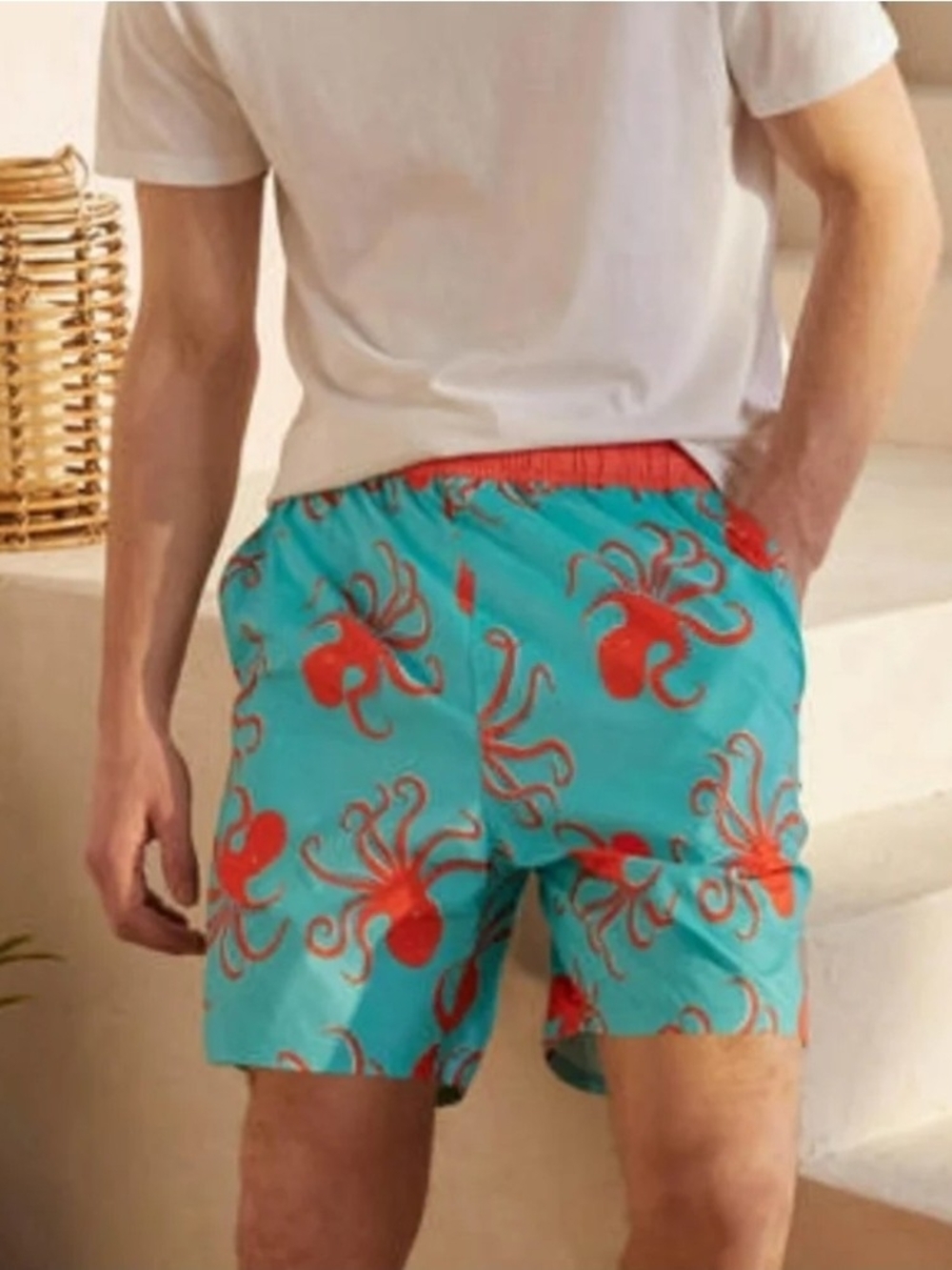 Boden Turquoise Swim Trunks with Red Octopus Print